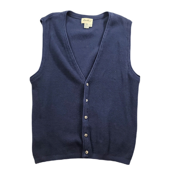 Vintage Eddie Bauer Knit Cardigan Sweater Vest Men Large Tall Navy Blue Made USA - Picture 1 of 8